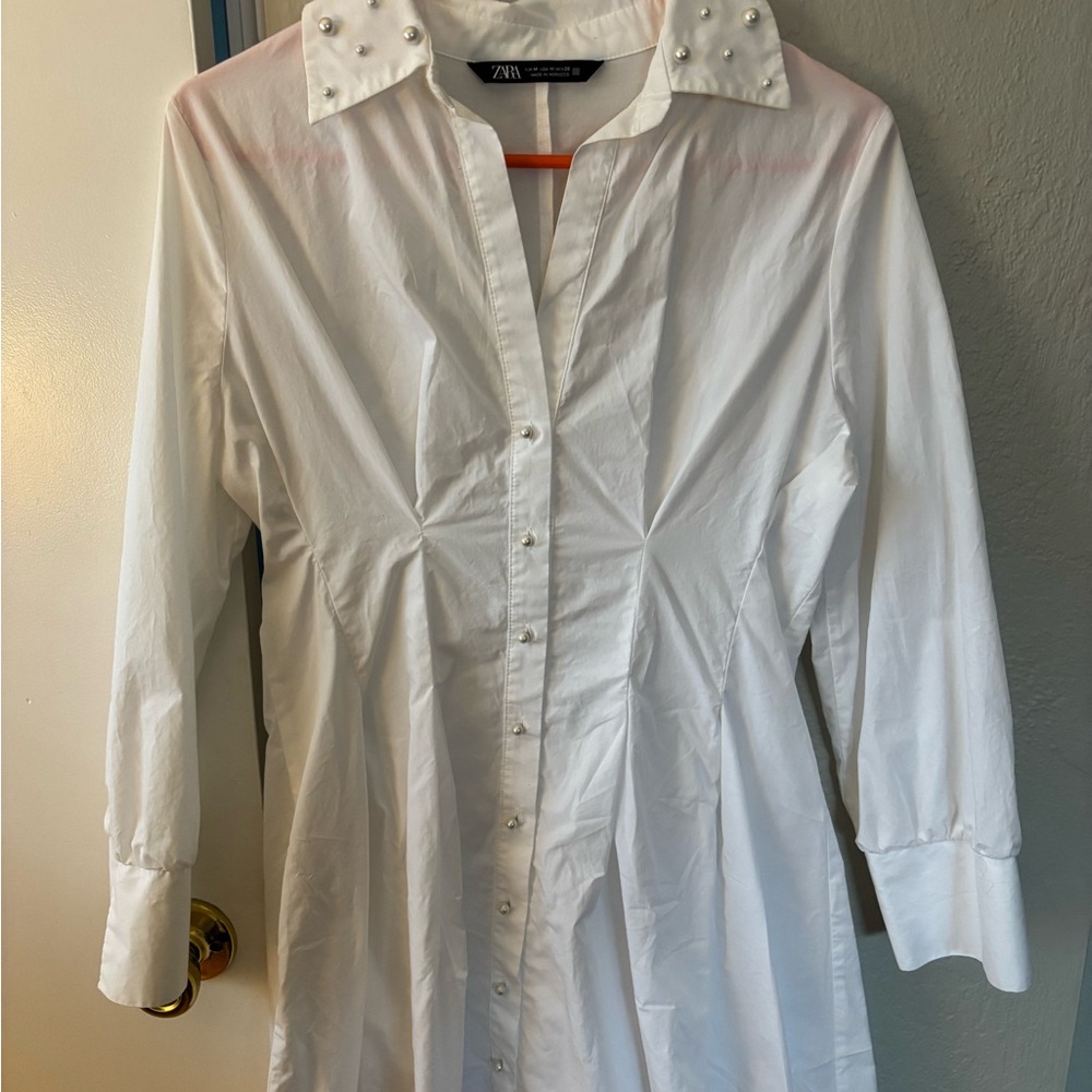 Zara White Long-Sleeve Shirt dress with Pearl Accents